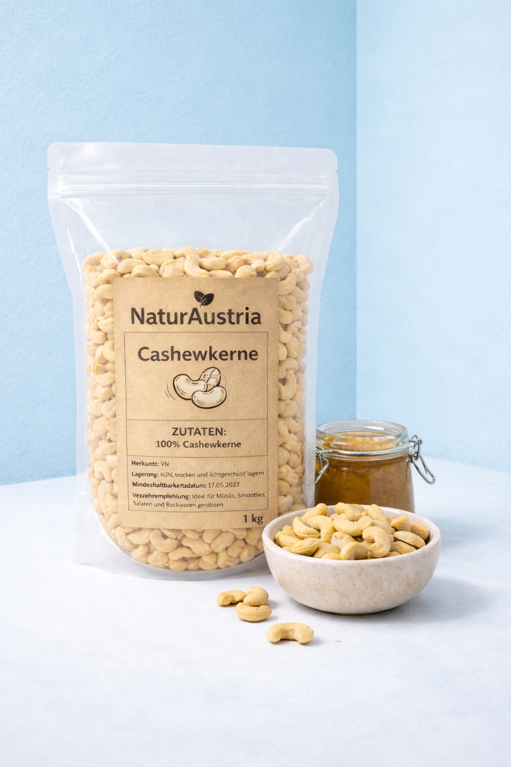 NaturAustria Cashewkerne ganze Kerne 1 kg – natürliche rohe Cashews im Beutel