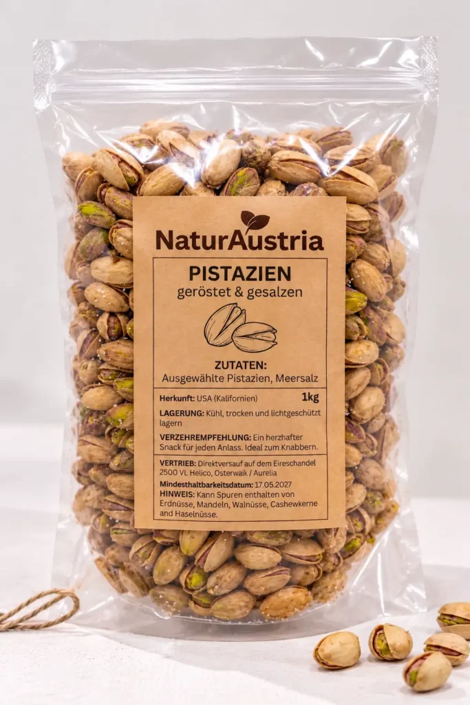 NaturAustria Pistazien 1 kg – geröstet und gesalzen mit Schale in transparenter Verpackung